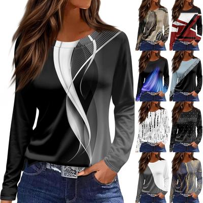 Женская модная повседневная свободная футболка с разрезом и круглым вырезом с длинным рукавом с принтом, женский топ