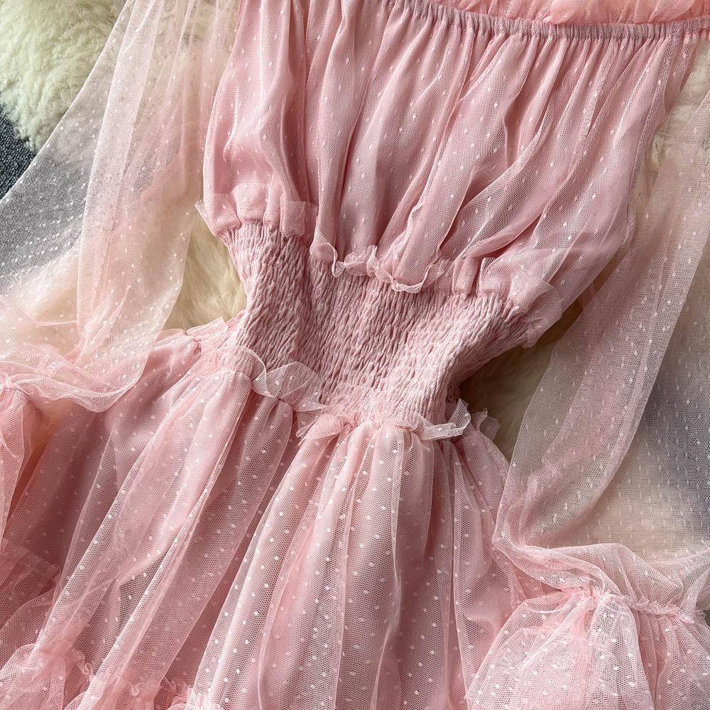 Платье-торт из сетки с французскими оборками, женское, с тонкой талией, темпераментное, на одно плечо, супер-сказочное длинное платье