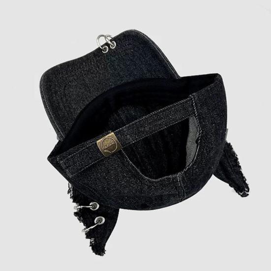 Denim Baseball Hat Adjustable Strap Distressed Design Denim Cap with 3D Bunny Ears