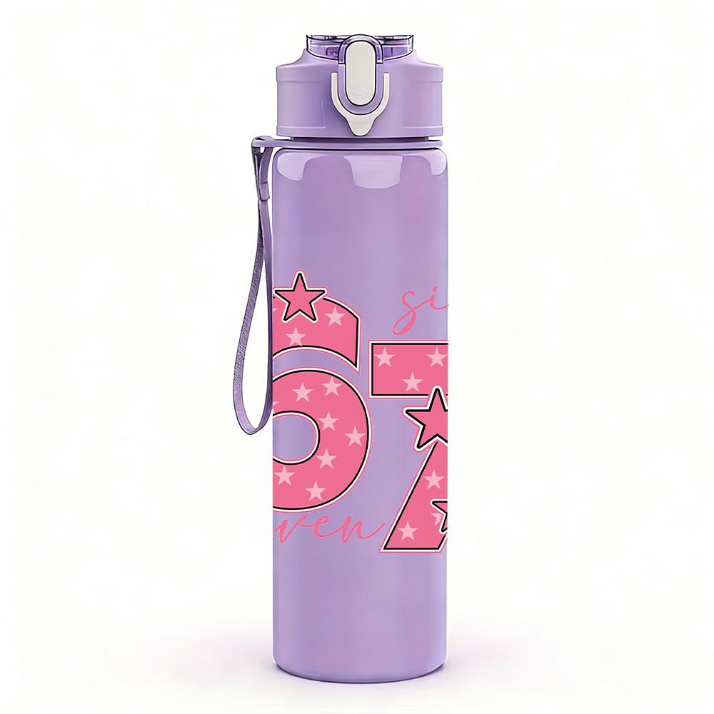 1PC Pink Number 67 Decor Pattern 750ml Color Plastic Sports Water Bottle Leakproof Flip Straw Lid Suitable for Sports Office Home Use