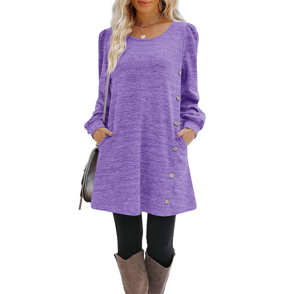 Модное женское повседневное свободное платье с круглым вырезом и пуговицами с длинным рукавом