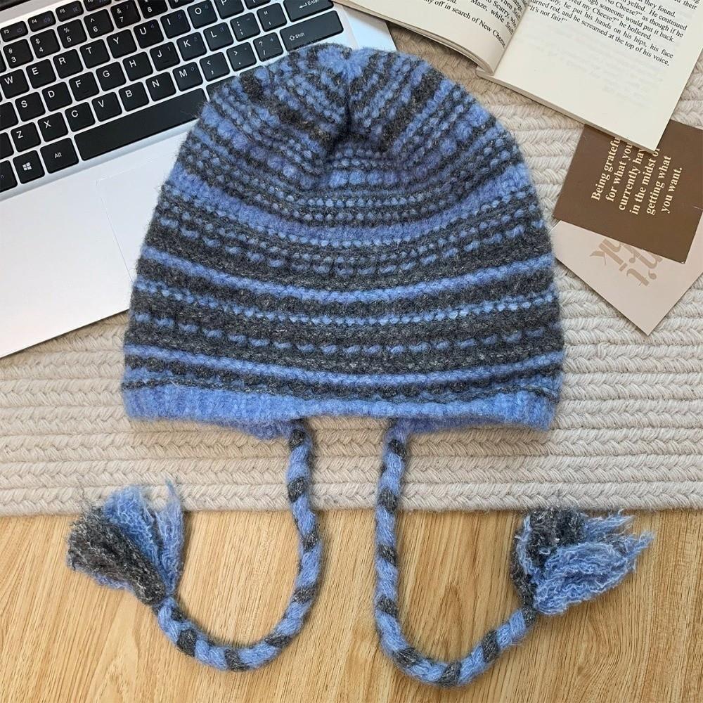 Thickened Pompom Beanie Cap Striped Braid Beanie Hat Cold Proof Knitted Winter Hat Winter