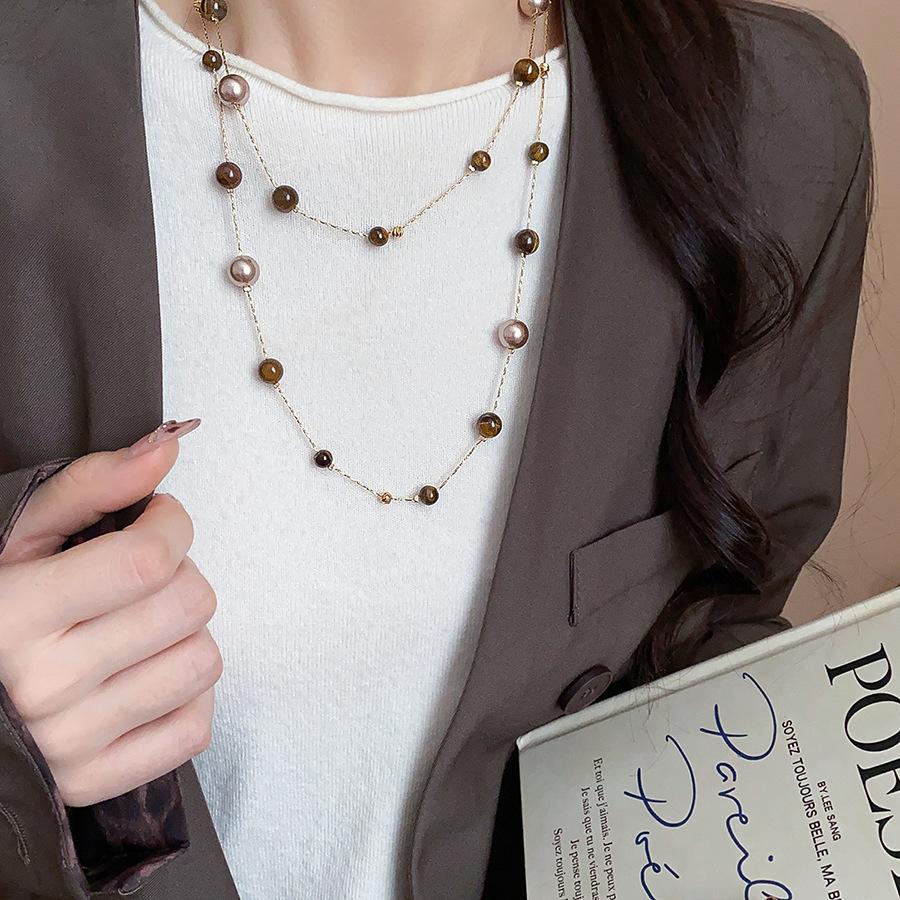 Модное Винтажное Многослойное Ожерелье с Тигровым Глазом и Жемчугом для Женщин Модное Осенне-Зимнее Шарм-Украшение