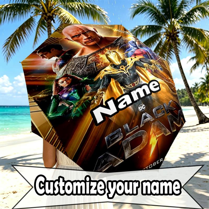 Custom Name Personalized Black Adam Print Umbrella, Auto Open Close, 8‑Rib Sturdy Frame, Commute Camping Hiking Use, Birthday Gift