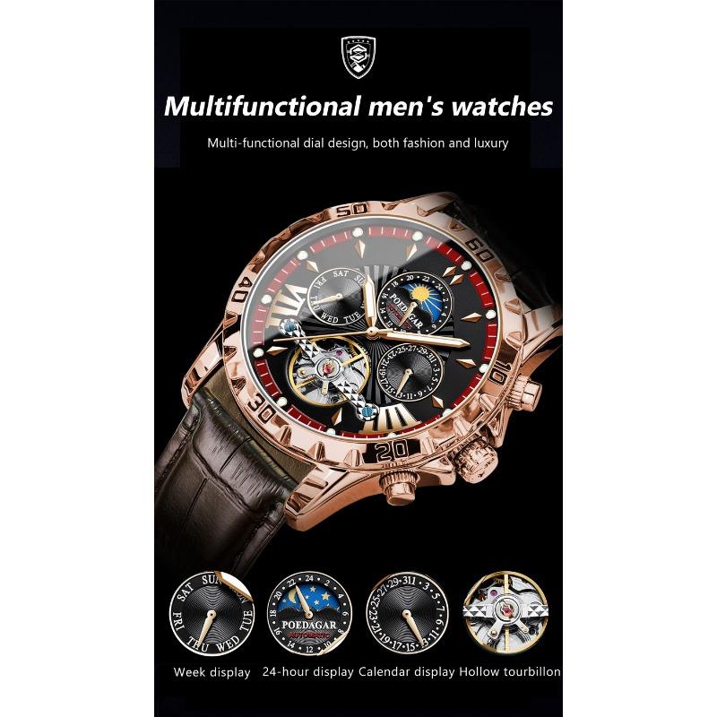 POEDAGAR Tourbillon Automatic Mechanical Wristwatch Waterproof Luminous Date Week Leather Men Watch Luxury Fashion Watches