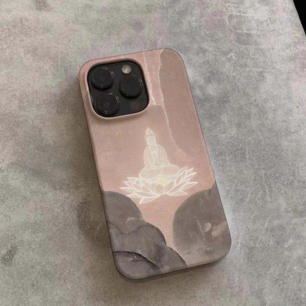 Чехол для телефона в стиле дзен с градиентом от розового к серому и рисунком Будды на лотосе для iPhone 17 16 15 14 11 12 13 Pro Max Air Plus Задняя крышка