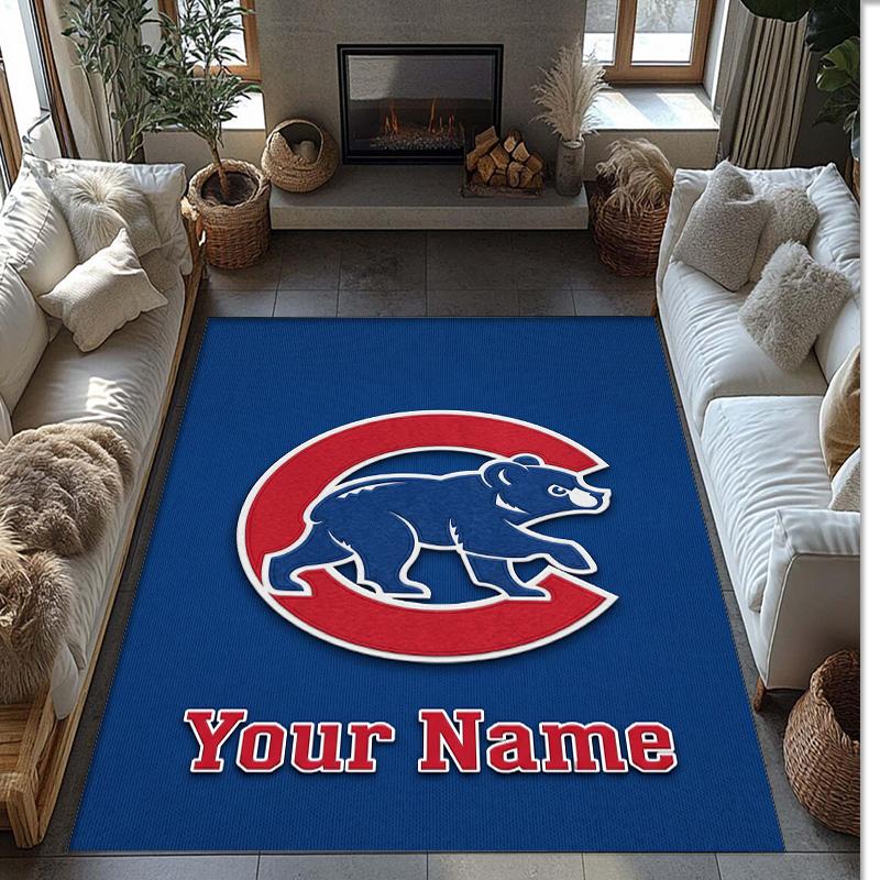 Chicago Cubs Crystal Velvet Rug, Custom Name Text Personalized Non‑Slip Floor Mat for Home Decor Gift