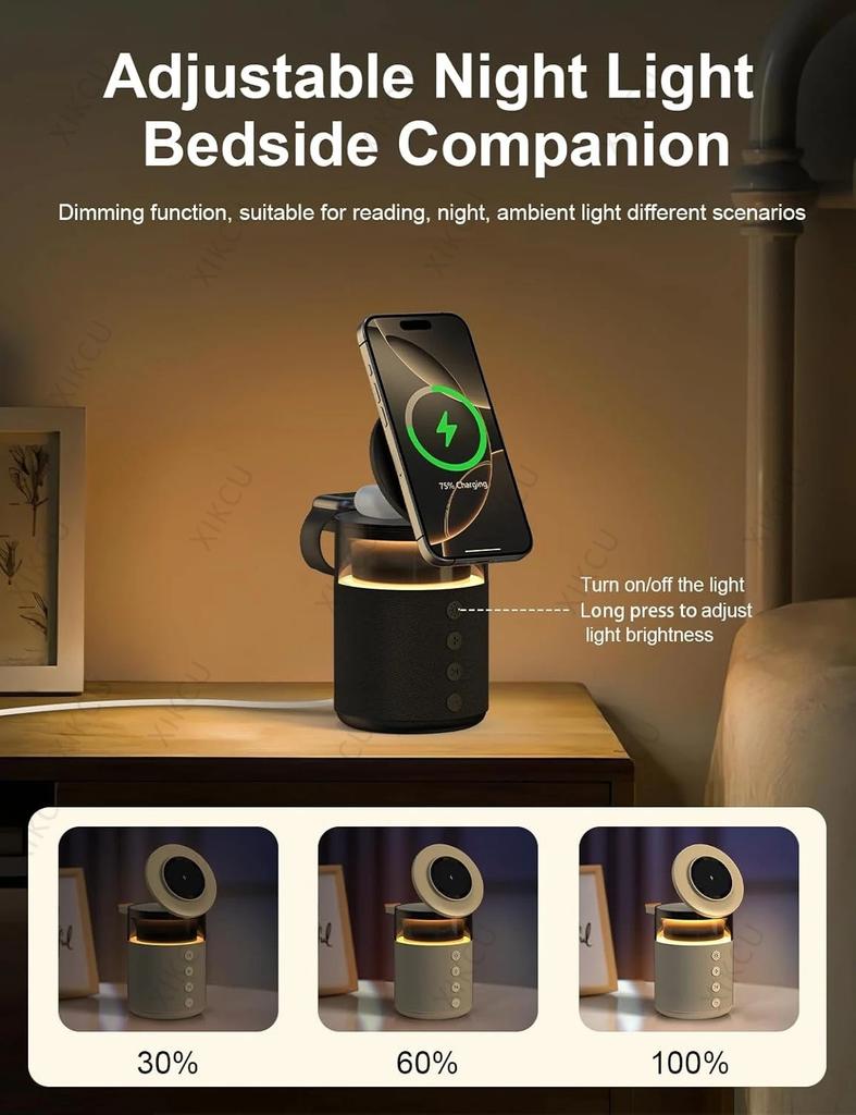 3 in 1 Magnetic Wireless Charger Night Light Speaker For iPhone 17~12 Pro Max Apple Watch 10 9 8 7 AirPods 4/3 Pro Fast Charging
