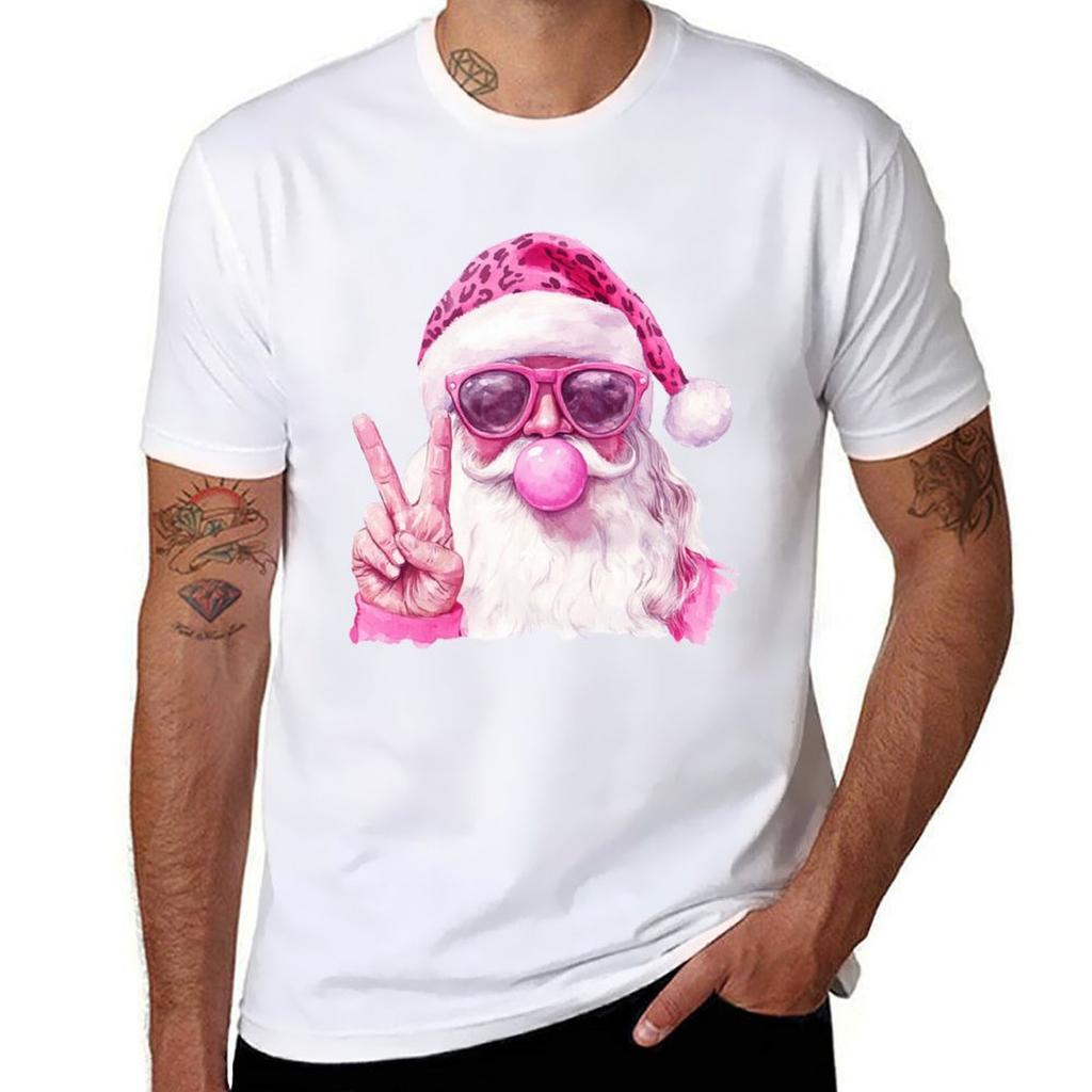 Retro Santa Peace Sign Leopard Hat Bubblegum Christmas Tshirt Casual Loose Fit Short Sleeve Tshirt