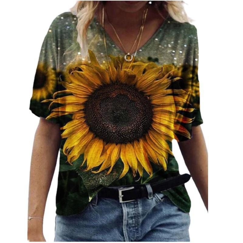 Women 3D Printed T Shirt Casual Summer Outfit Floral V Neck Tops Sportwear Short Sleeve T Shirts