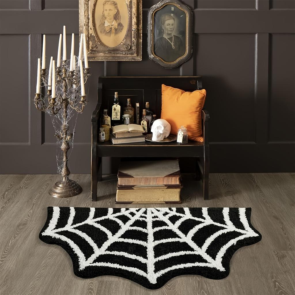 Halloween Spider Web Doormat - Non-Slip, Machine Washable, Polyester Fiber, Gothic Plush Area Rug for Bathroom