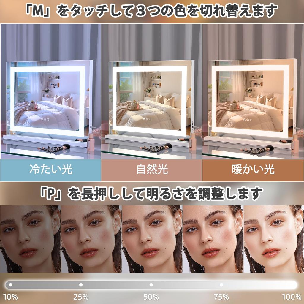 Fenair Actress Hollywood Makeup Wall 3 Color Lighting Adjustable Dresser White Mirror, Mirror, Mirror, Hanging/Desktop Use, Modes, Brightness, Mirror,