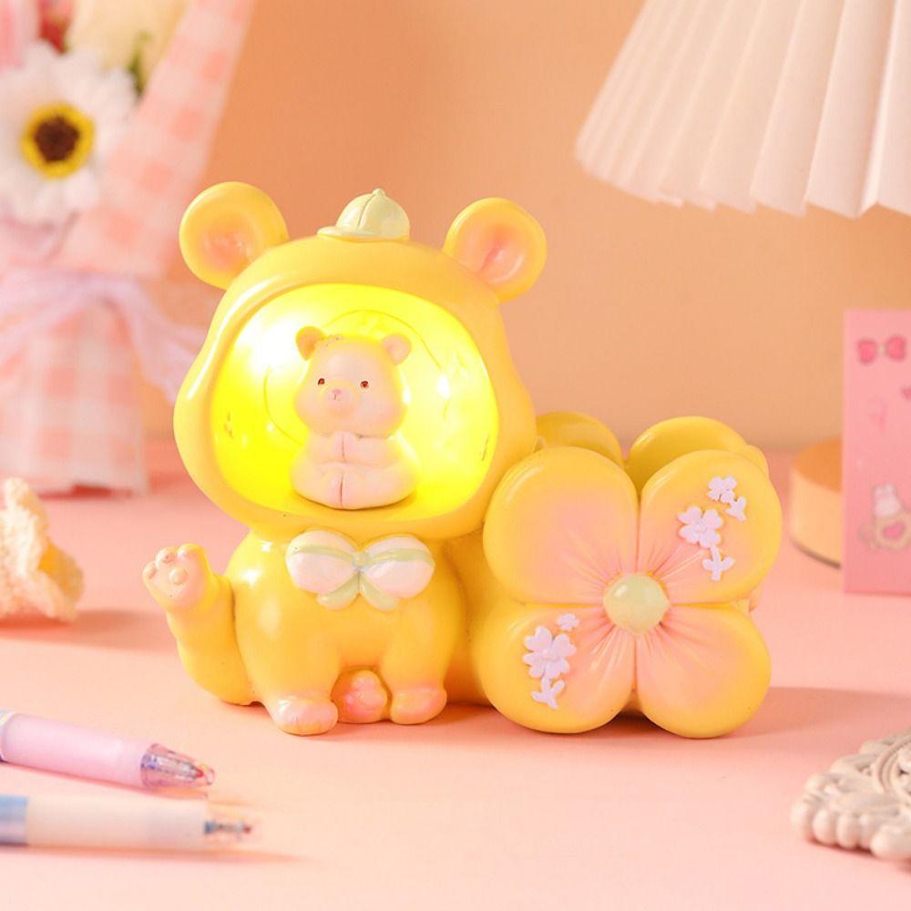 Little Bear/Pig LED Night Light Cartoon Makeup Brush Holder Astronaut Ornament Children's Gifts