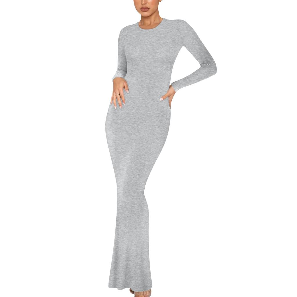Женское модное и элегантное однотонное облегающее длинное платье с круглым вырезом и длинными рукавами