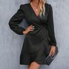 Женское мини-платье с V-образным вырезом, длинным рукавом-фонариком и боковой шнуровкой
