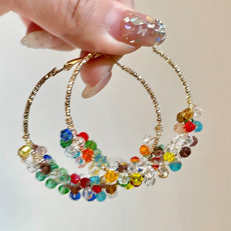 Y2K Colored Bead Crystal Pearl Exaggerated Hoop Earrings for Women Luxury Round Irregular Earring High-End Travel Accessory Gift