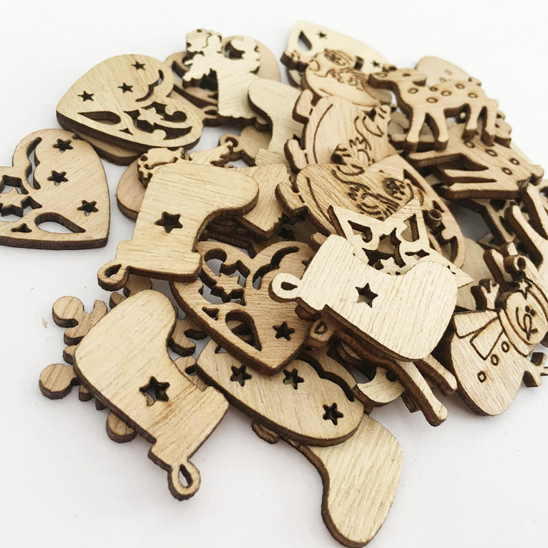 50PCS Hollow Wood Pieces Embellishments Vintage Christmas Unfinished Wood Ornament Decorative Accessories for DIY Scrapbooking Handmade Crafts