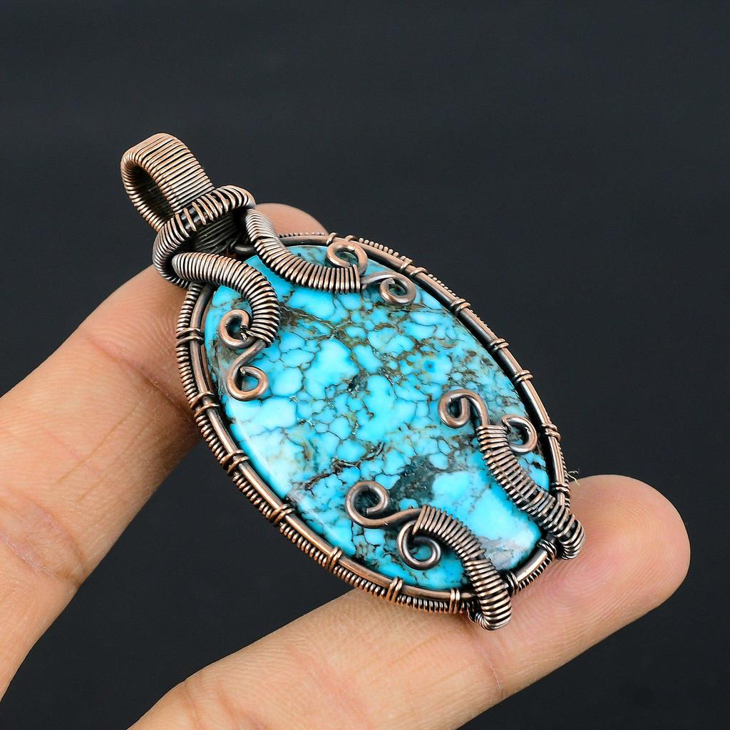 Tibetan Turquoise Pendant, 999 Copper Wire Wrapped Gemstone Jewelry, Handmade Pendant, For Thanksgiving