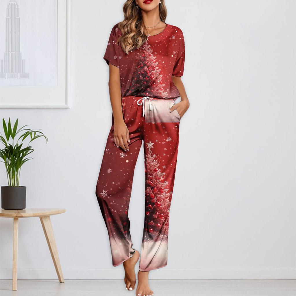 Женский шелковый атласный пижамный комплект с рождественским принтом, рубашка с коротким рукавом и длинные пижамные штаны, мягкая домашняя одежда