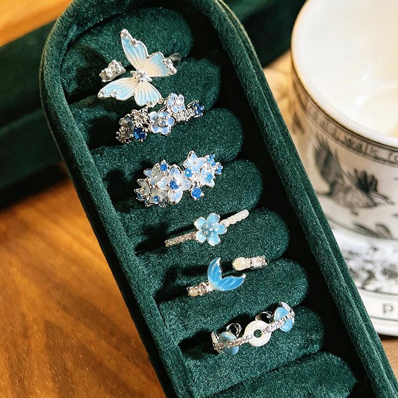 Spring Blue Enamel Butterfly Open Ring Ocean‑Style Flower Bead Fish‑Tail Niche Fresh Adjustable Stack‑Wear Trend Jewelry