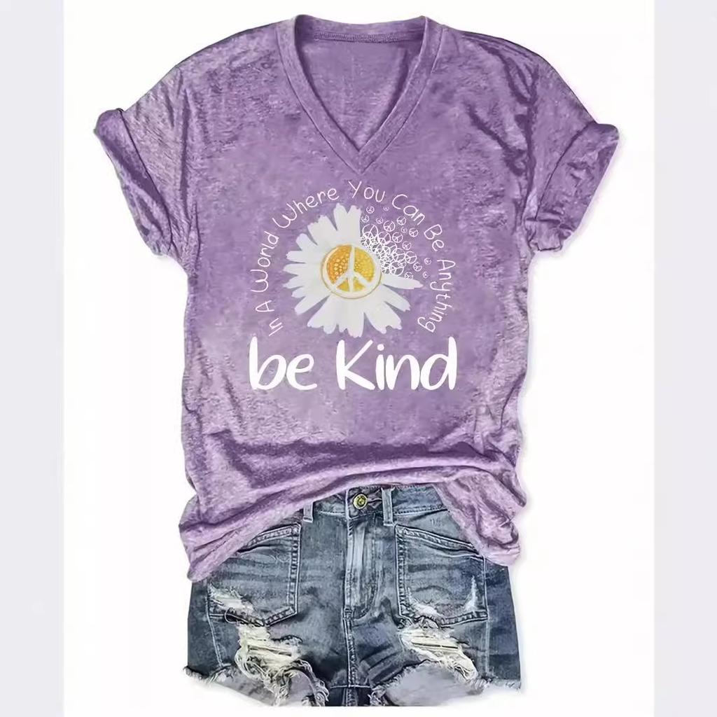 Летний топ с V-образным вырезом, принтом с 3D-цветочным узором, модная повседневная женская футболка с коротким рукавом