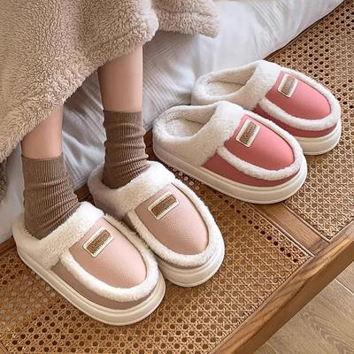 Зимние женские домашние тапочки, модные кожаные плюшевые тапочки на платформе с шитьем, домашняя хлопковая обувь, флисовые теплые домашние тапочки