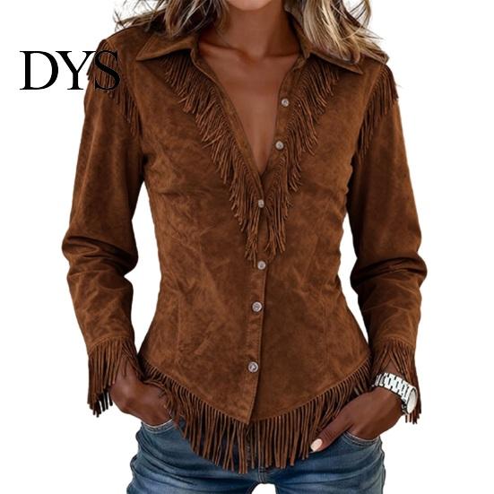 Western Cowgirl Shirt Women Tassel for Autumn, Button Down Slim Fit Fringe Blouse, Solid Color Casual Long Sleeve Top, Outfit Breathable Polyester