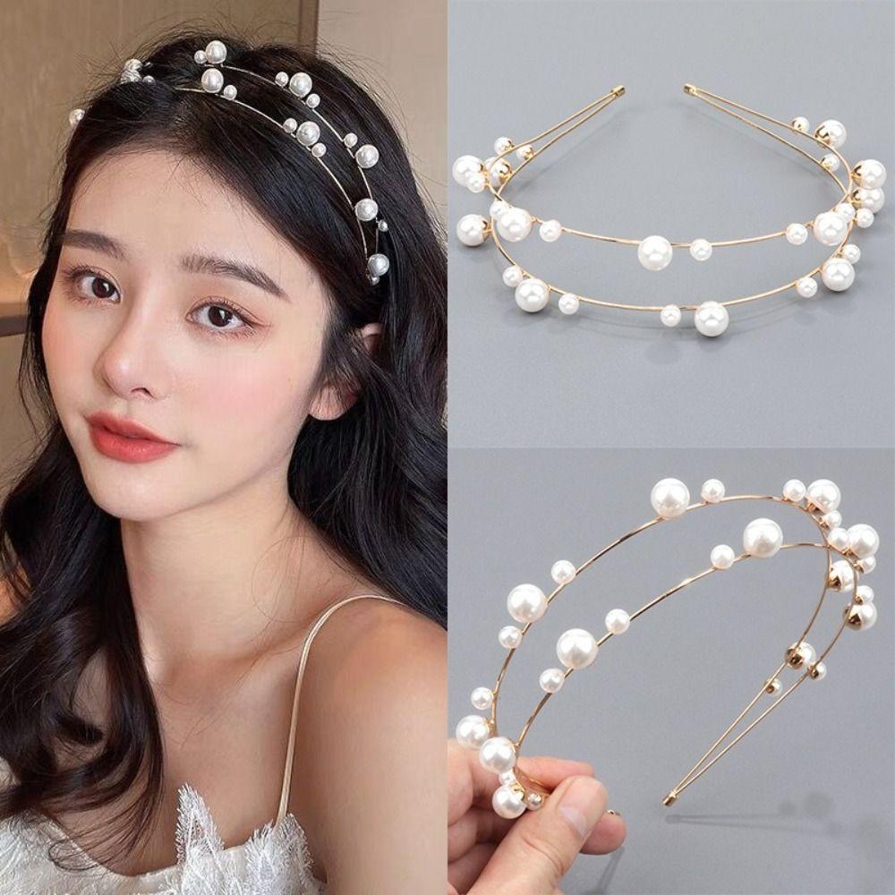 Gold Silver Color Wedding Tiara Crown Double Layered Pearl Headband Pearl Hair Band For Girls