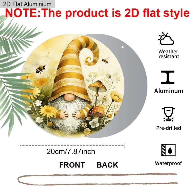 Spring Gnome Round Metal Sign, Aluminum Wreath Sign with Bumble Bee & Mushroom, Cute Honey Bee Tomte Hanging Plaque, Rustic Farmhouse Front Door Porch