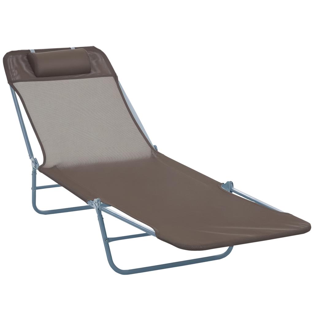 Folding Sun Lounger, Texteline Reclining Sun Bed with 5 Position Adjustable Backrest, Headrest, Coffee