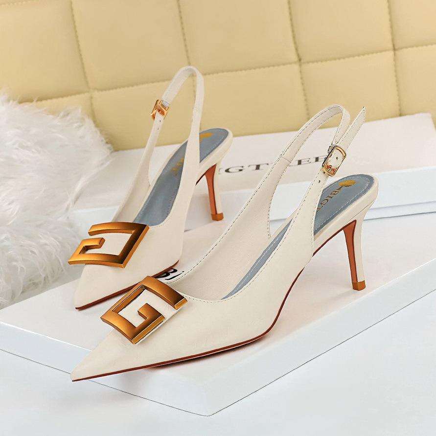 Bigtree European and American Style Banquet Women's Shoes Fine Heel 7cm High Heel Pointed Hollow Metal Square Buckle Single Shoes