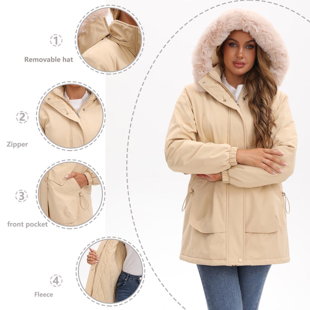 European and American-style Long Winter Parka for Women, with Fleece Lining and Large Fur Collar