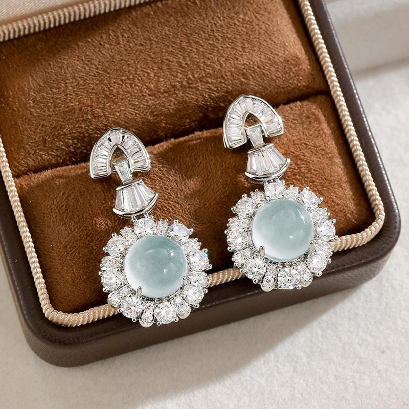 S925 Silver Needle Premium Ice Clear Full Egg Surface Round Pendant Earrings Temperament Design Banquet Versatile Earrings