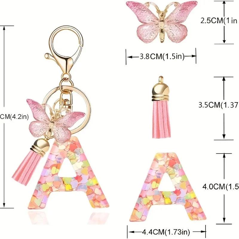 A-Z Dreamy Letters Keychain for Women Tassels Butterfly Pendant Initial Keyrings Purse Suspension Bags Car Key Chain Pink