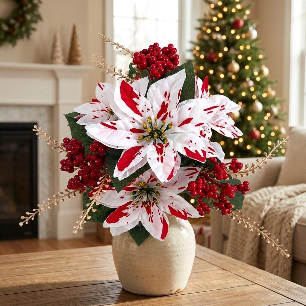UV Resistant Artificial Poinsettia Bouquet Lush Leaves Realistic Poinsettia Berry Floral Bunch Pine Needle Pine Cones