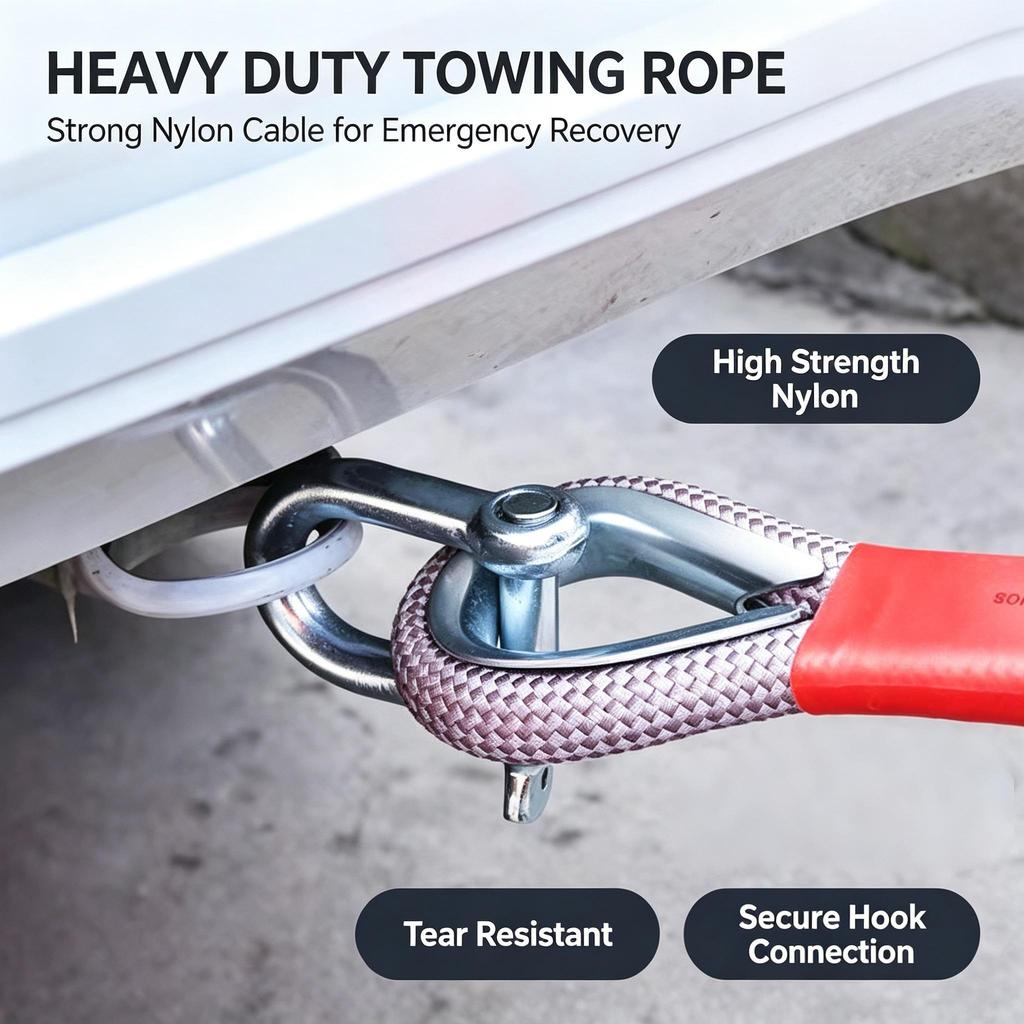 Heavy Duty Car Tow Rope, Nylon Recovery Strap with Reinforced Loop & Metal Thimble, Emergency Vehicle Towing Cable for Offroad Rescue