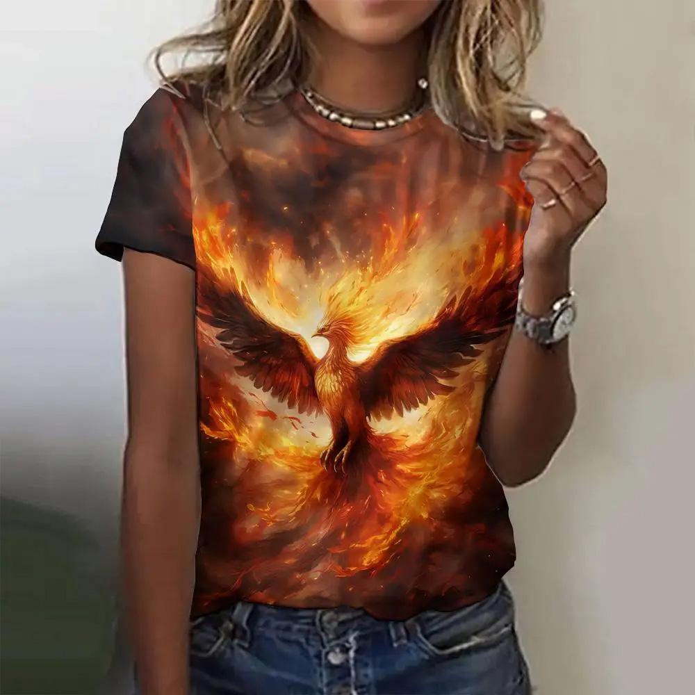 Летняя женская футболка с модным узором «Феникс», топ с короткими рукавами, свободный топ с круглым вырезом, женская футболка для вечеринок