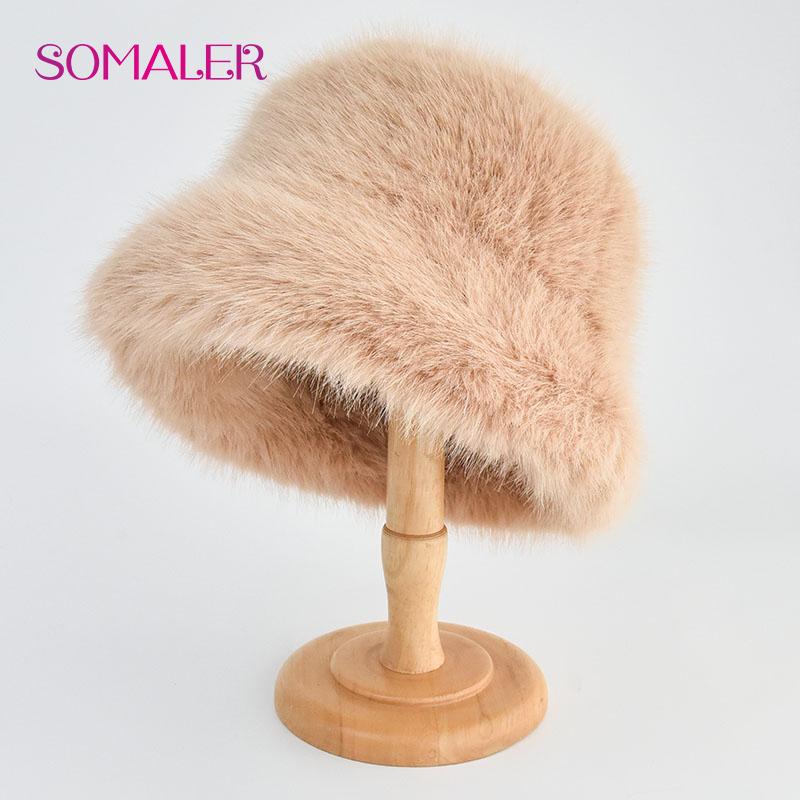 SOMALER Colorful Faux Fur Bucket Hats for Women Plush Bleaching and Dyeing Color Cap Fashion Warm Fluffy Faux Fur Furry Bucket Cap