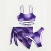 Trendy 3 Piece Tie Dye Print Bikini Swimsuit Beach Cover Up Swim Set for Women