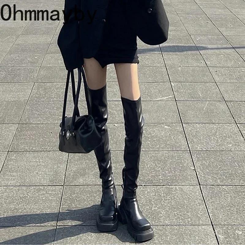Fashion Elastic Slimming Women Over The Knee High Boots Fashion Back Zippers Shoes Square Heel Autumn Winter Ladies Knight Long Booties