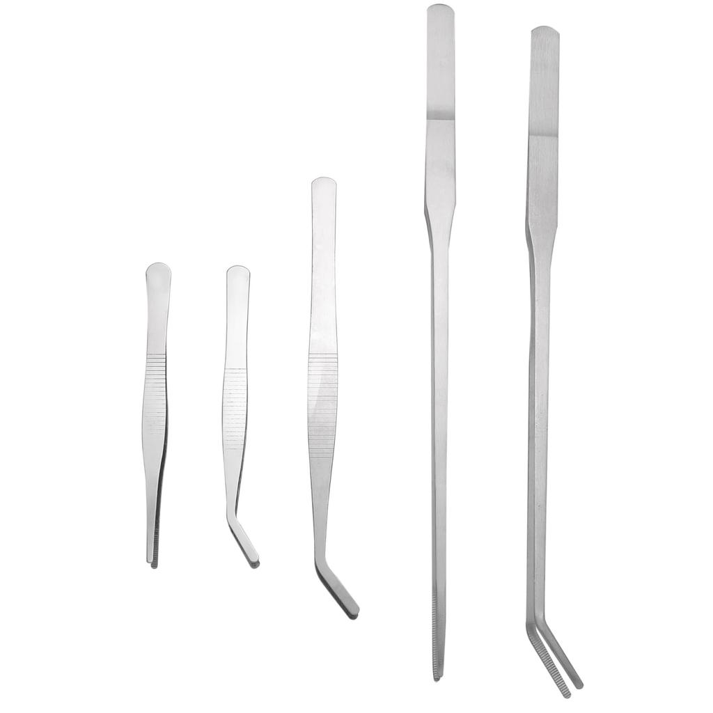 Rubonarie Long Stainless Steel Tweezers with Curved Tips for Gardening, Succulents, Houseplants, Terrariums, 5 Pieces (Silver)