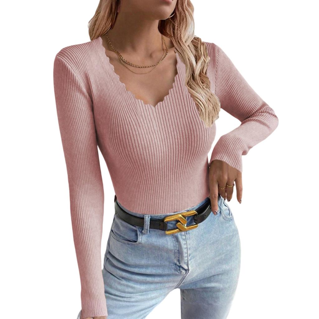 Women's V-neck Solid Color Long-sleeved Pullover Knitted Sweater Bottoming