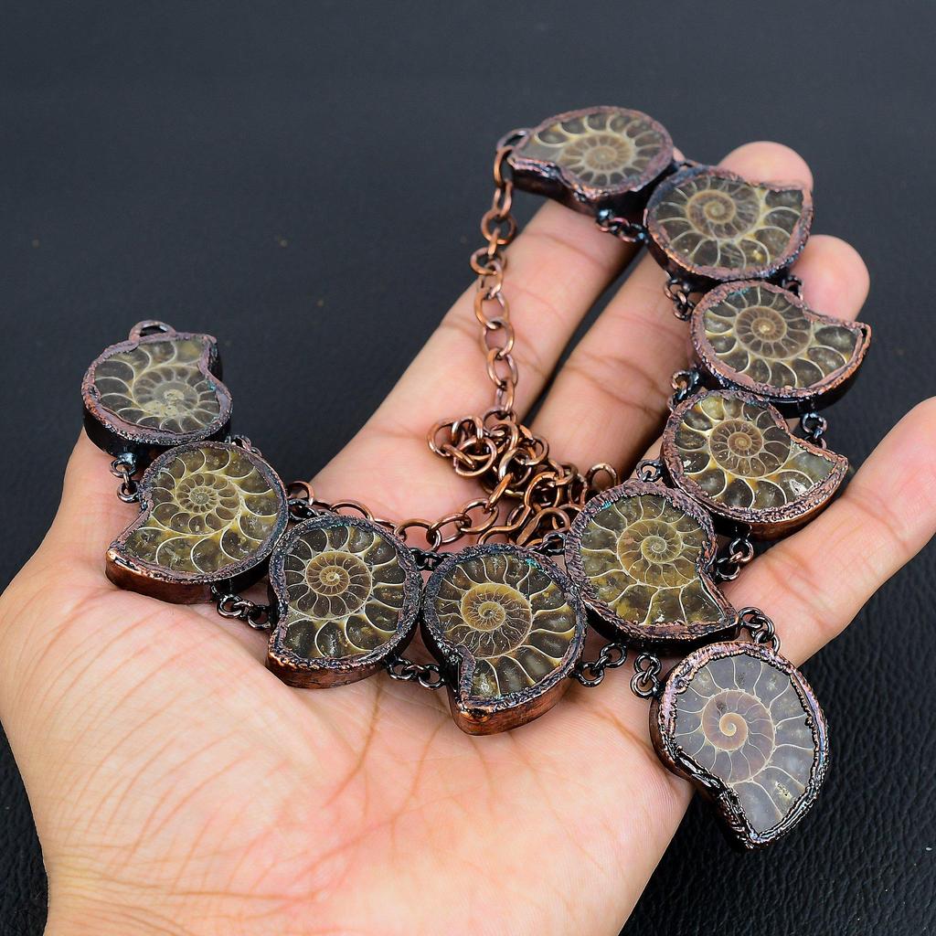 Окаменелость аммонита, гальванопластика медь, ожерелье с регулируемой цепочкой, ожерелье из драгоценных камней ручной работы ко Дню памяти