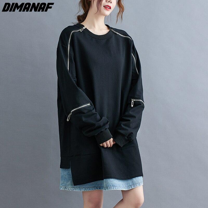 Dimanaf Пуловер оверсайз, женская одежда, толстовка, зима-осень, утепленные модные женские топы, рубашка, черная свободная молния с длинными рукавами