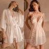 Sexy See-through Lace Nightgown Suspender Nightgown Two-piece Set Women's Thin Satin Bathrobe Pajamas Summer Home Wear