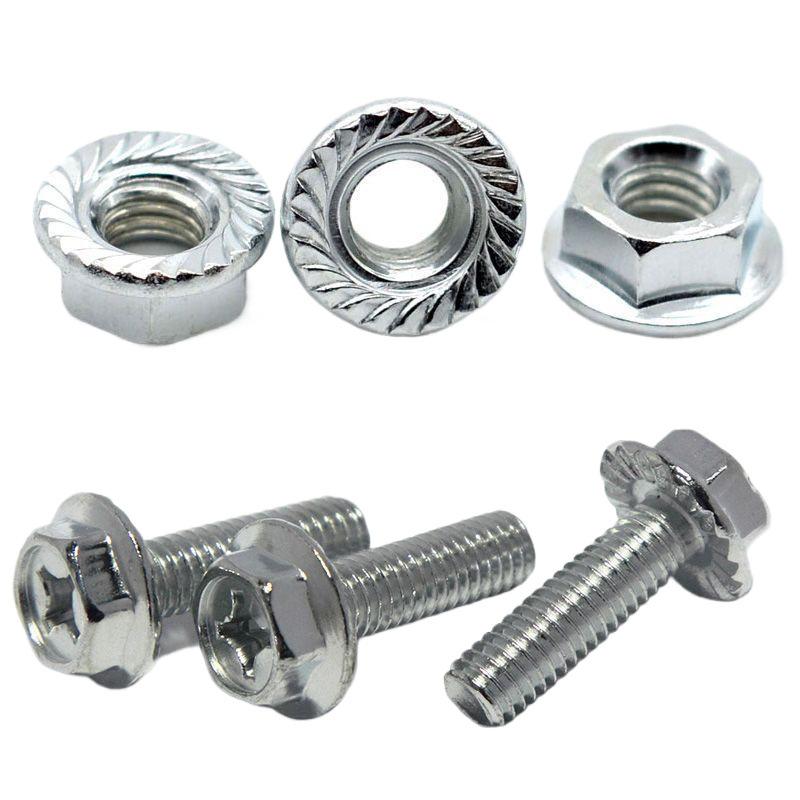 White Zinc Serrated Flange Hex Bolt Screw & Nut Set M4-M8, Plated Flange, Knurled Cross