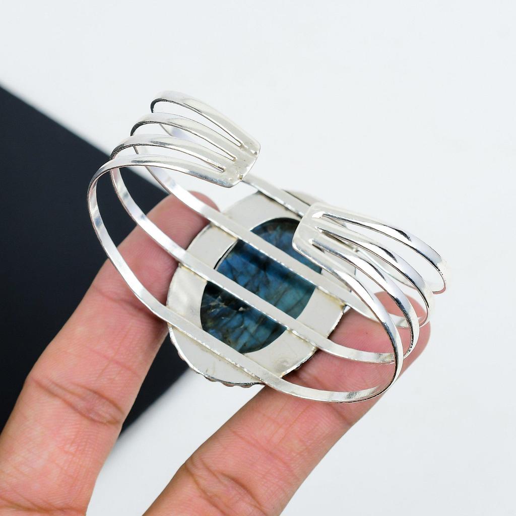 Натуральный голубой лабрадорит драгоценный камень ручной работы из стерлингового серебра 925 пробы, голубой лабрадорит браслет, для жены, унисекс браслет, подарки