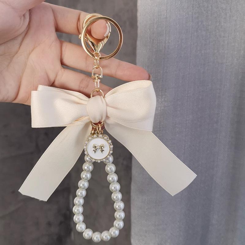 Key Bag Pendant Accessories Faux Pearl Bow Keychain Cute Beaded Bracelet Key Chain For Purse Bag Backpack Car Charm Ribbon