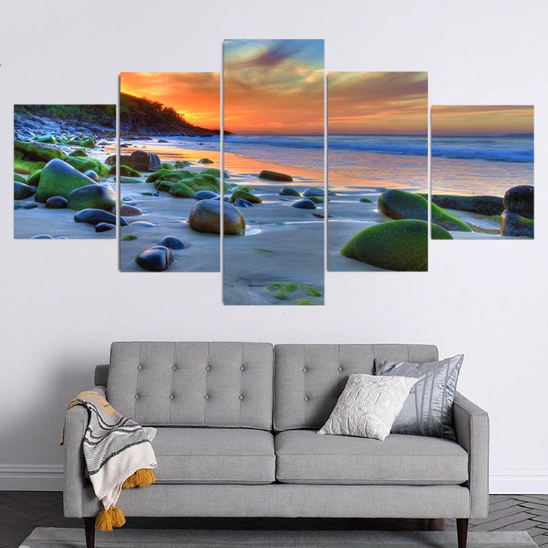 5 панелей Морской пейзаж Морской большой круглый камень Красочное небо Холст Картина Плакаты и принты Настенная картина Домашний декор без рамки