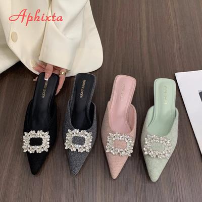 Модные Aphixta Сексуальные Средние Каблуки Элегантные Женские Шлепанцы Острый Носок Летние Платье Шлепанцы Роскошный Кристалл Серые Низкий Каблук Туфли-Шлепанцы